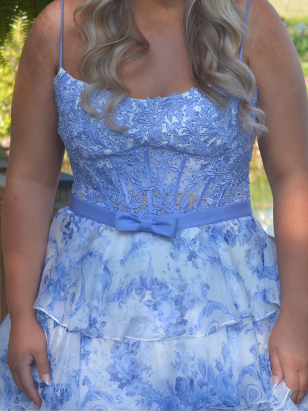 Blue Floral Tiered Ruffle Prom/Pageant/Bridesmaid Dress with Bow - Picture 5 of 5